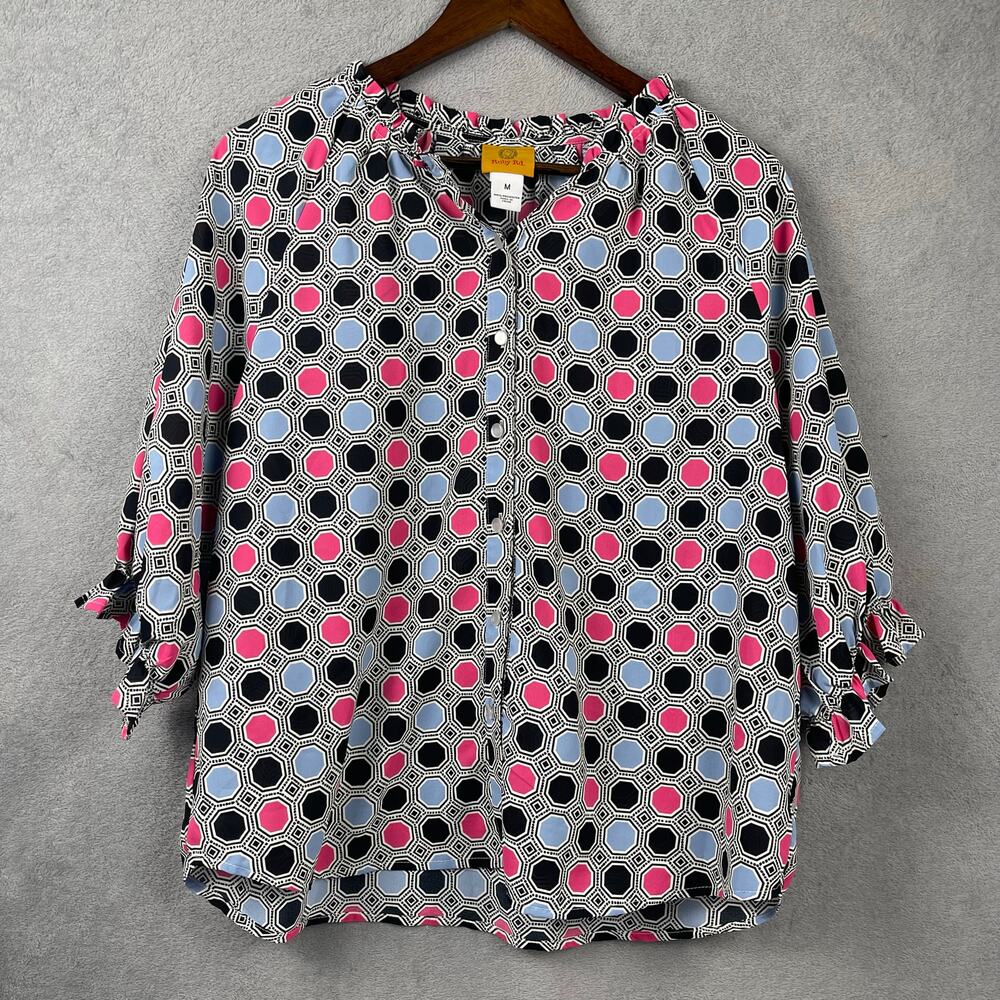 Ruby Rd Womens Retro Mod Blouse SZ M Ruffle Button Up Geometric Polka Dot 60s